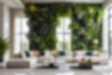 Fototapeta premium Blurred background of Full color modern luxury living room with indoor trees and vertical garden wall, sleek sofa and marble details, panoramic glass background, midday, bright natural lighting.