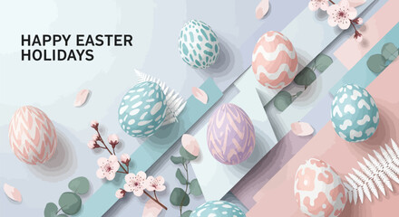 Easter eggs in pastel colors with floral patterns on diagonal stripes background with happy easter holidays text