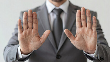 Businessman in a gray suit and tie gestures with his hands in a stopping or rejecting motion against a white background.