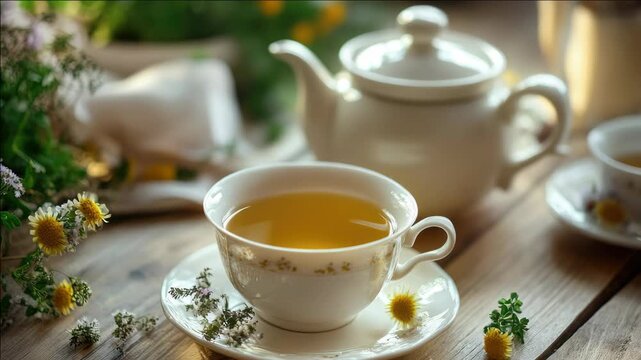 This captures a charming tea time setting with various teacups, teapots, and floral elements on a rustic wooden table. The scene evokes a sense of warmth and tranquility