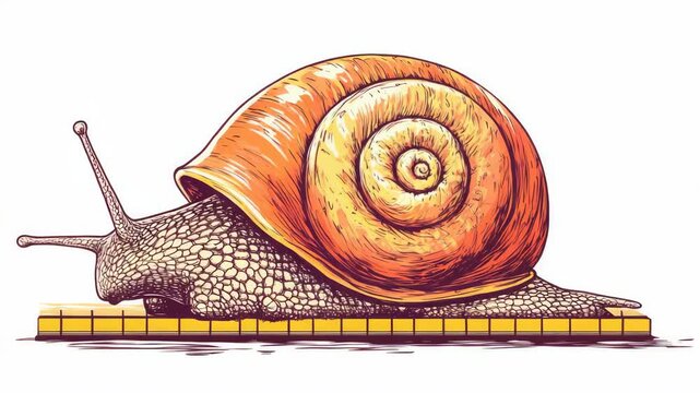 of a charming cartoon sloth with curly shell, moving along a yellow road, perfect for educational content on patience, life's journey or environmental themes.