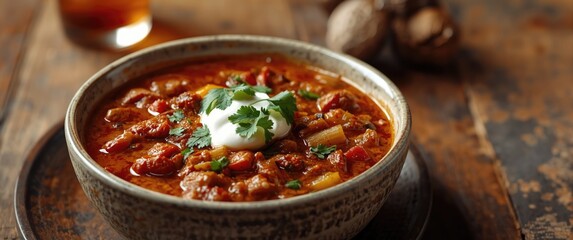 Fototapeta na wymiar Spicy chili con Carne topped with coriander and sour cream