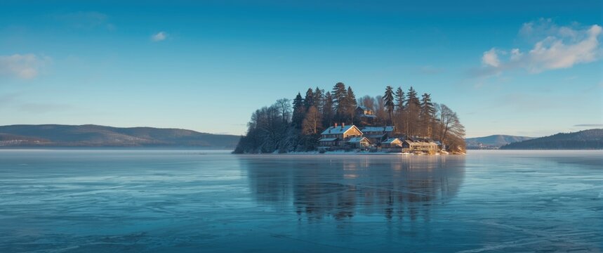 Village winter scene on a lake with water, sky, and natural surroundings, including houses, trees, and winter lighting
