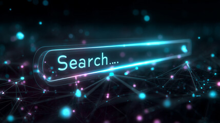 3D Futuristic Search Bar with Glowing Blue Particles and Digital Network Plexus Background