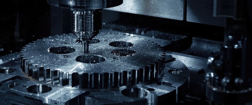 Metal gear parts being cut by a 5-axis machining center with a solid ball end mill tool in advanced automotive manufacturing via multi-axis CNC milling machine