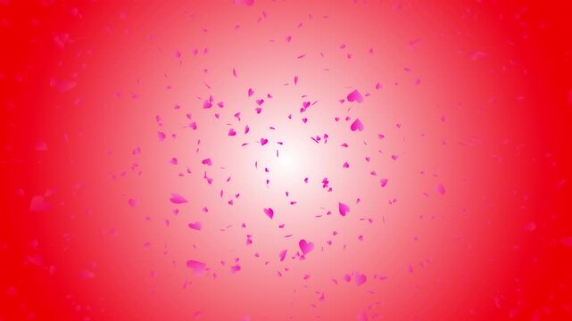 Pink heart shapes being lit up and falling down on red gradient background. Abstract background for Happy Valentine's day and wedding ceremony.