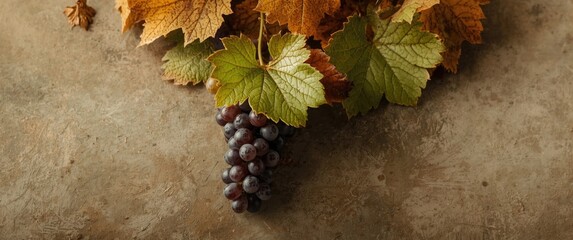 Obraz premium Wooden table featuring a grape wrapped in vine leaves, flat lay with empty space