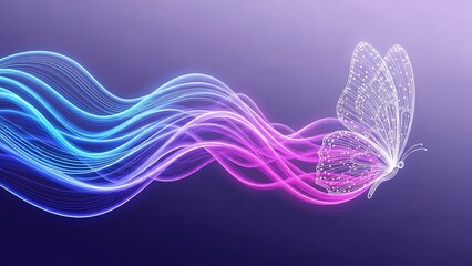 Delicate butterfly with flowing neon lines on purple background.