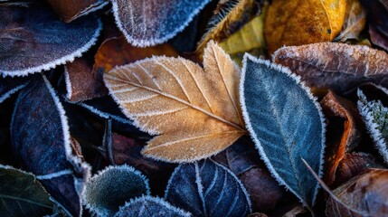 Colorful leaves covered in frost, with a blurred background to highlight the delicate texture and vibrant colors of each leaf.