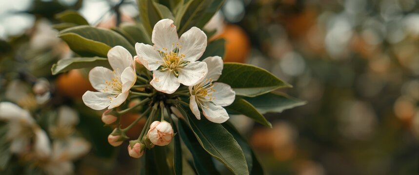 Closeup of orange blossoms and buds on orange tree branches in Chakwal, Punjab, Pakistan during Spring