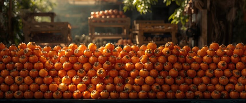 Open air market stall displaying organized stacks of persimmon