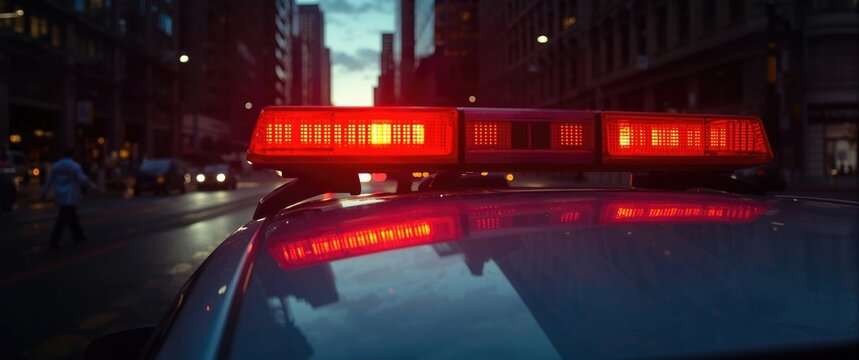 Street background featuring red police car lights, roof flasher visible, crime scene patrol, close-up shot with focus on lights