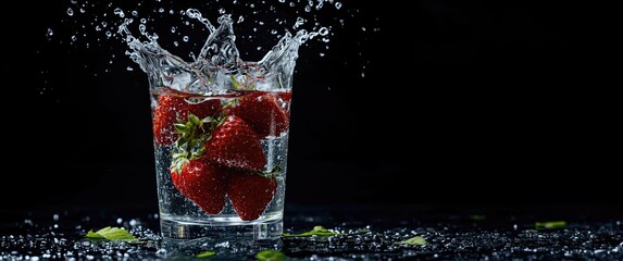 Slow motion of strawberries dropping into water with splashes and drops on a black backdrop