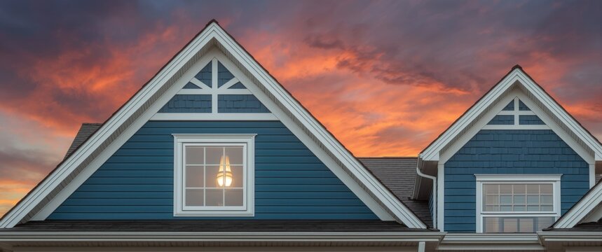 Blue horizontal vinyl siding with a triangle shape decorative gable, colonial white soffit and fascia on a modern American estate home during a dramatic orange sunset