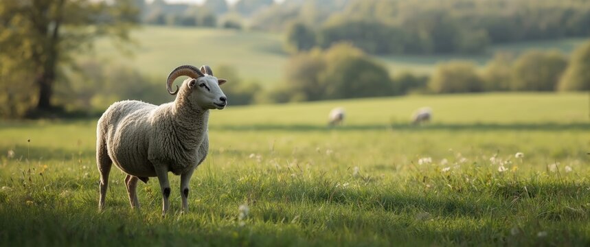 Heidschnucke sheep, male and gray, with well-fed, symmetrical truncated horns