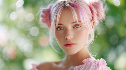 portrait of a cute young woman with pink and blue pastel hair and big blue eyes, soft natural daylight, dreamy bokeh background, kawaii fashion beauty concept for skincare, makeup branding, social