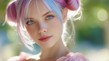 portrait of a cute young woman with pink and blue pastel hair and big blue eyes, soft natural daylight, dreamy bokeh background, kawaii fashion beauty concept for skincare, makeup branding, social