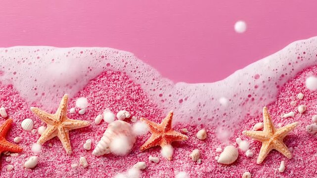 Pink beach scene starfish and shell on pink sand, foamy water