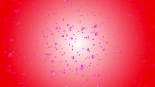 Pink heart shapes being lit up and falling down on red gradient background. Abstract background for Happy Valentine's day and wedding ceremony.