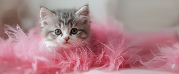Adorable gray and white kitten wrapped in a pink feather boa, cute cat, fashion, feathered accessory, playful mammal, decoration