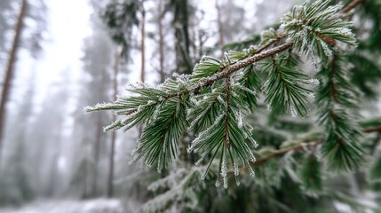 A close-up of snow-covered pine branches, with blurred trees in the background highlighting the clear natural details and serene beauty of the winter landscape.