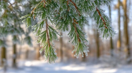 A close-up of snow-covered pine branches, with blurred trees in the background highlighting the clear natural details and serene beauty of the winter landscape.