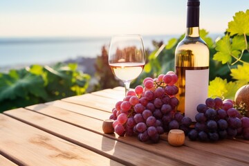 Naklejka premium White wine bottle, glass, and fresh grapes resting on a wooden table with a vineyard view