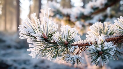 A close-up of snow-covered pine branches, with blurred trees in the background highlighting the clear natural details and serene beauty of the winter landscape.