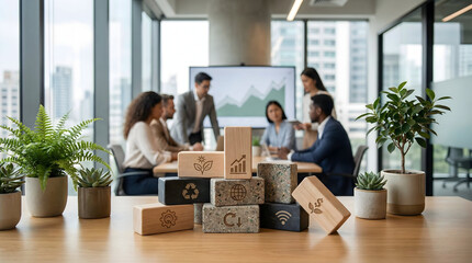 Mixed material blocks representing circular economy and ESG business strategy