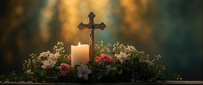 Communion celebration with cross, floral arrangements, ivy, and a candle