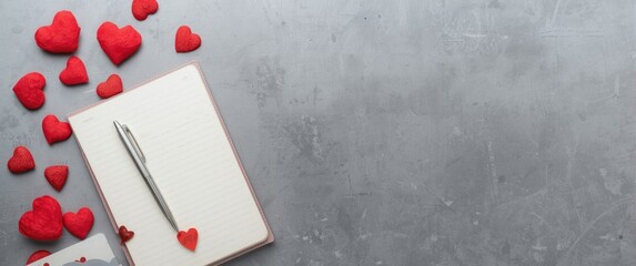 Red Hearts and Silver Pen on Diary Page for Valentine'S Day Background with Grey Matting, Top View, Flat Lay, Ideal for Mothers Day and Celebration Themes