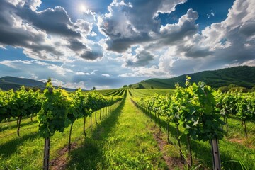 Naklejka premium Green vineyards landscape under blue sky with sun and white clouds