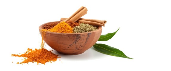 Assorted Indonesian spices in a traditional clay bowl on a white backdrop