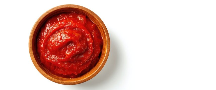 Top view of a wooden bowl containing tasty tomato paste isolated on white