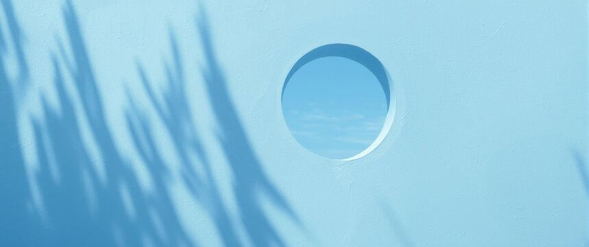 Round window on a blue-painted wall illuminated by sunlight and shadows