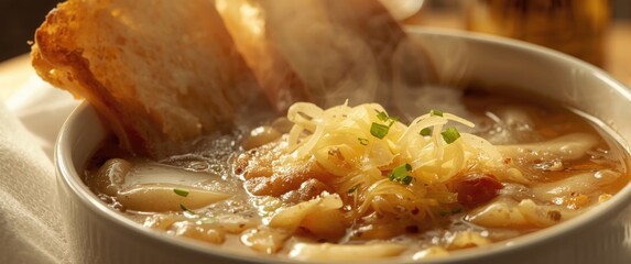 French cuisine featuring onion soup with melted gruyere cheese and baguette slices served hot