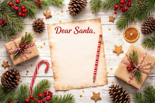 Christmas greeting letter to Santa with pine cones and wrapped gifts on white painted wood background - Powered by Adobe