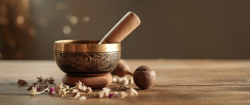 Closeup of a Tibetan singing bowl and mallet resting on a table decorated with dried flowers