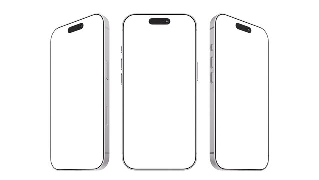 Silver set iPhone 17 Pro Max with transparent screen and background. Vertical mockup for web design, app, and presentation.
