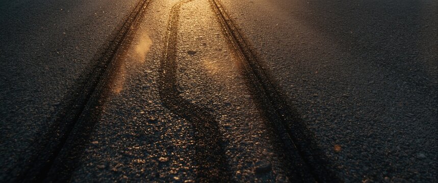 Asphalt gets tire marks from abrupt braking of car