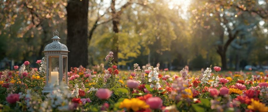 Park scene with lantern among flowery albur