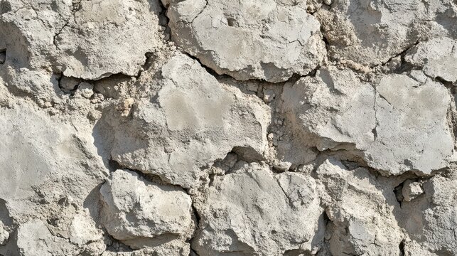 A close up view of a cracked and sun bleached cement surface revealing dusty aggregate and rough stone textures