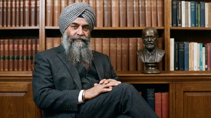 Senior Sikh man psychologist with grey beard and turban sitting in office with bookshelves and bust. Mental health therapy and professional consultation banner with copy space
