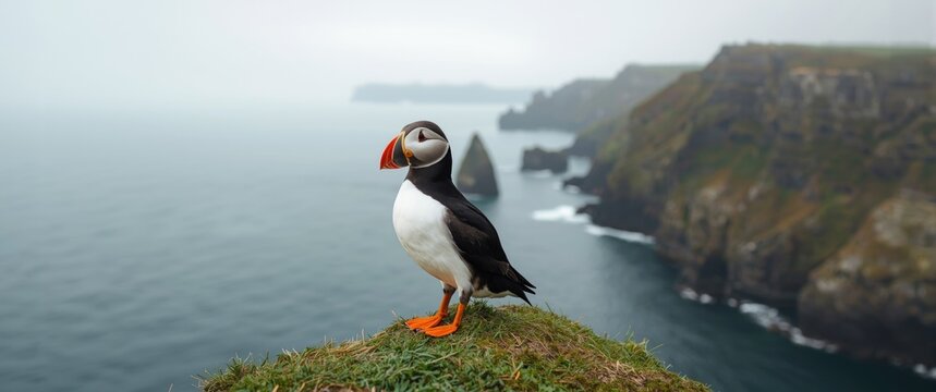 A lone puffin monitoring its environment amidst nesting period