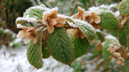A macro close-up of green leaves, lavender, mint, and white flowers, covered with delicate ice crystal patterns and frost, highlighting the fresh foliage of a winter garden.