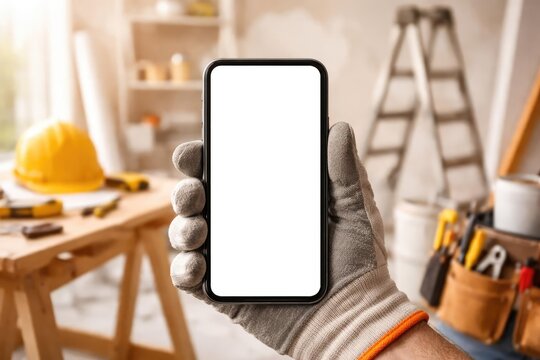 Gloved hand of builder holding phone with blank screen designed for home repair promotion with copy space