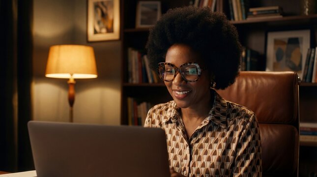 Black woman psychologist with afro hair and glasses using laptop for online consultation in cozy home office. Remote therapy session and mental health support