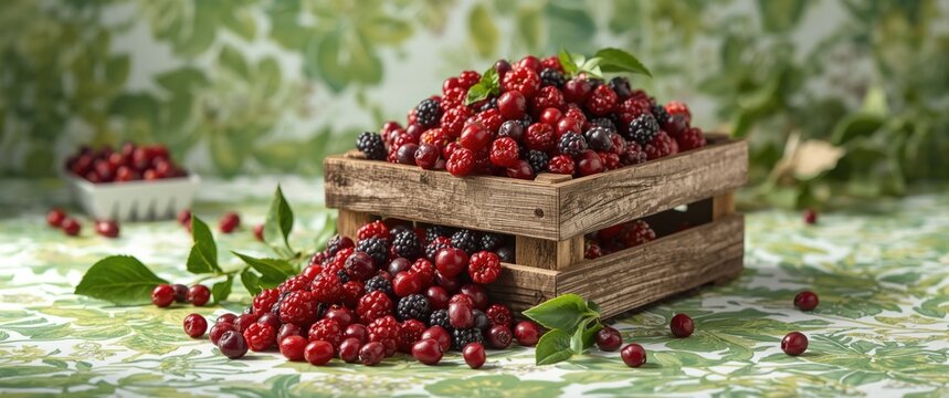 Wooden crate filled with fresh cornel berries on green floral backdrop