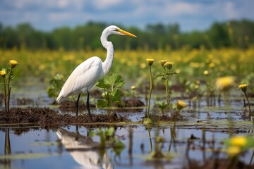 Obraz premium White egret wading through shallow water with yellow flowers and green plants under blue sky