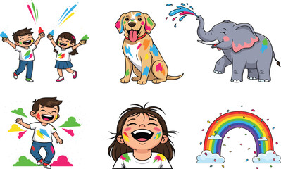 Obraz premium Holi celebration cartoon, colorful children and animals, paint splash fun, festive elephant, rainbow joy, happy festival illustration, playful party scene